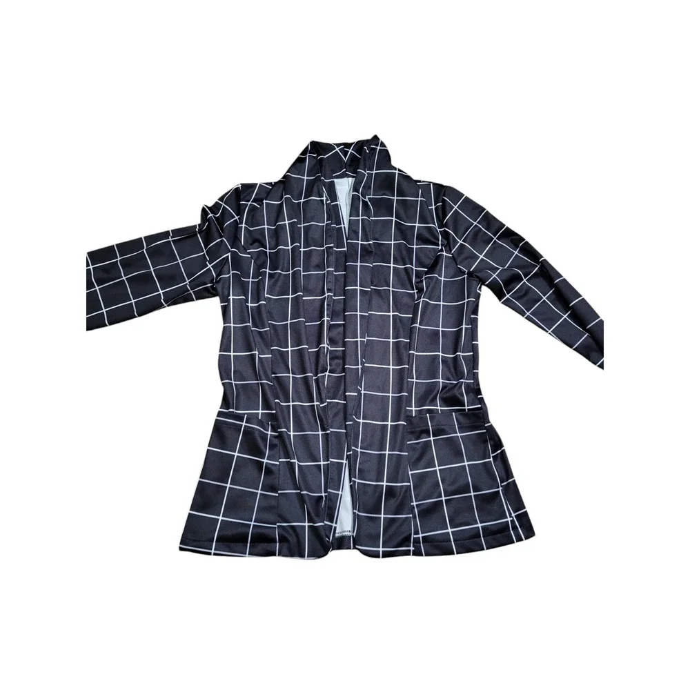 Women's Open Front Blazer Casual Lightweight Plaid Roll Up Sleeve Jacket Shirt